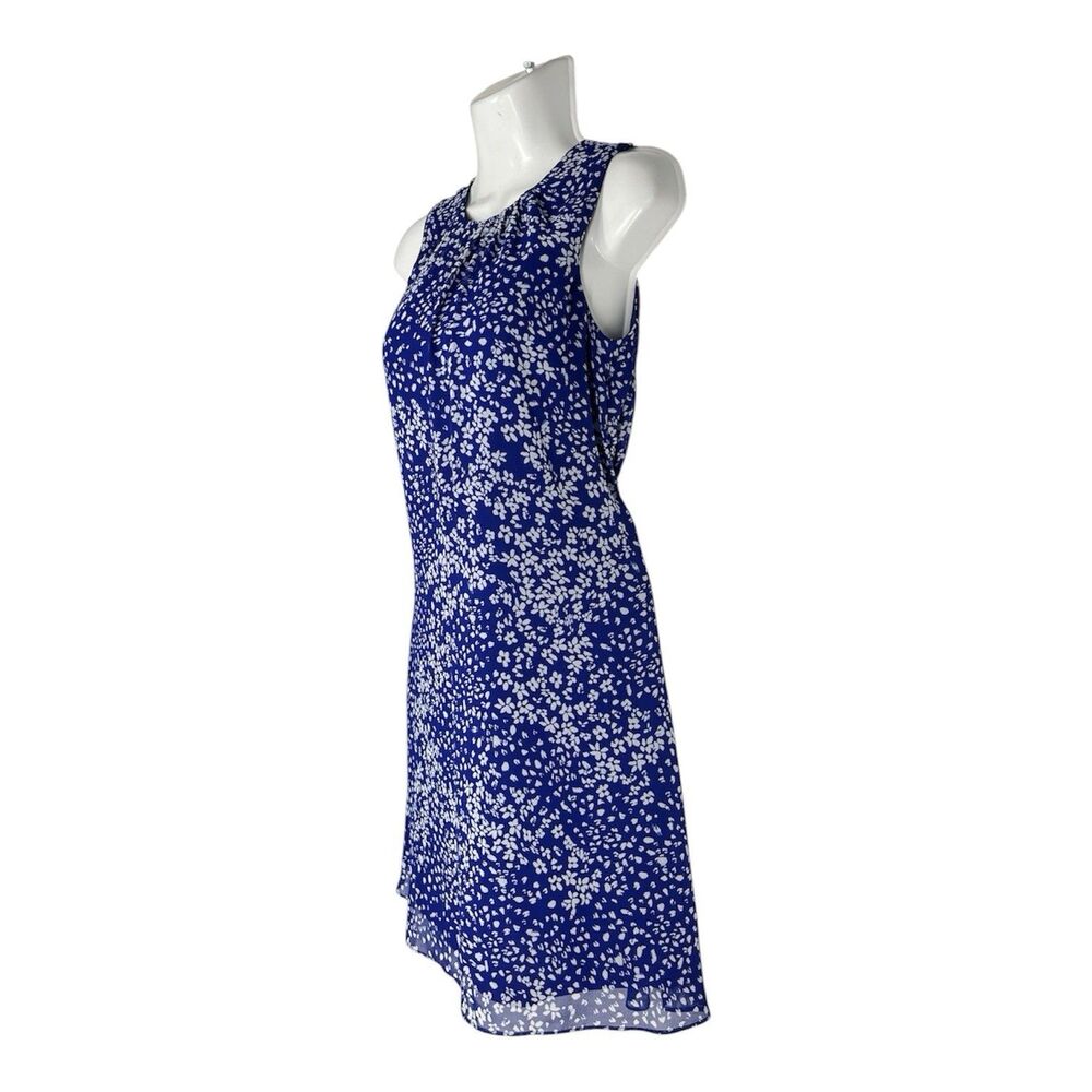 DKNY Blue Floral Sleeveless Mini Shift Dress Size 2 Pleated Neck Summer Party - Picture 2 of 8